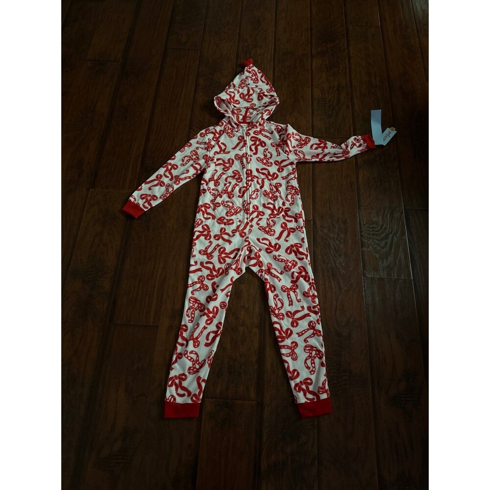 Cat & Jack Girls Bows Fleece Hooded Union Suit Pajamas Red Cream S 6/7